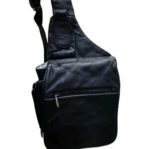 Travelon Black Leather Backpack 9" x 7" Multiple Zipper Pockets Adjustable Strap